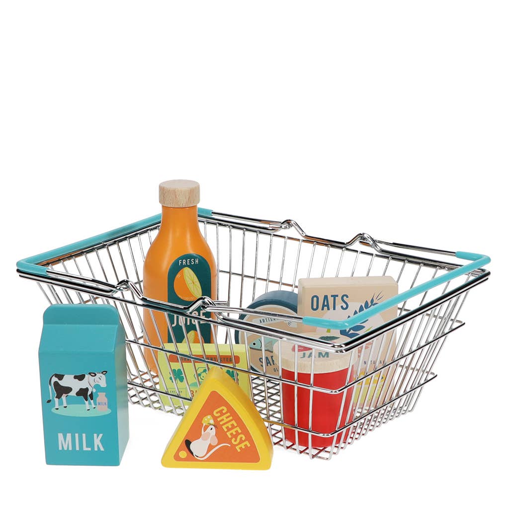 Játék bevásárlókosár fa élelmiszerekkel